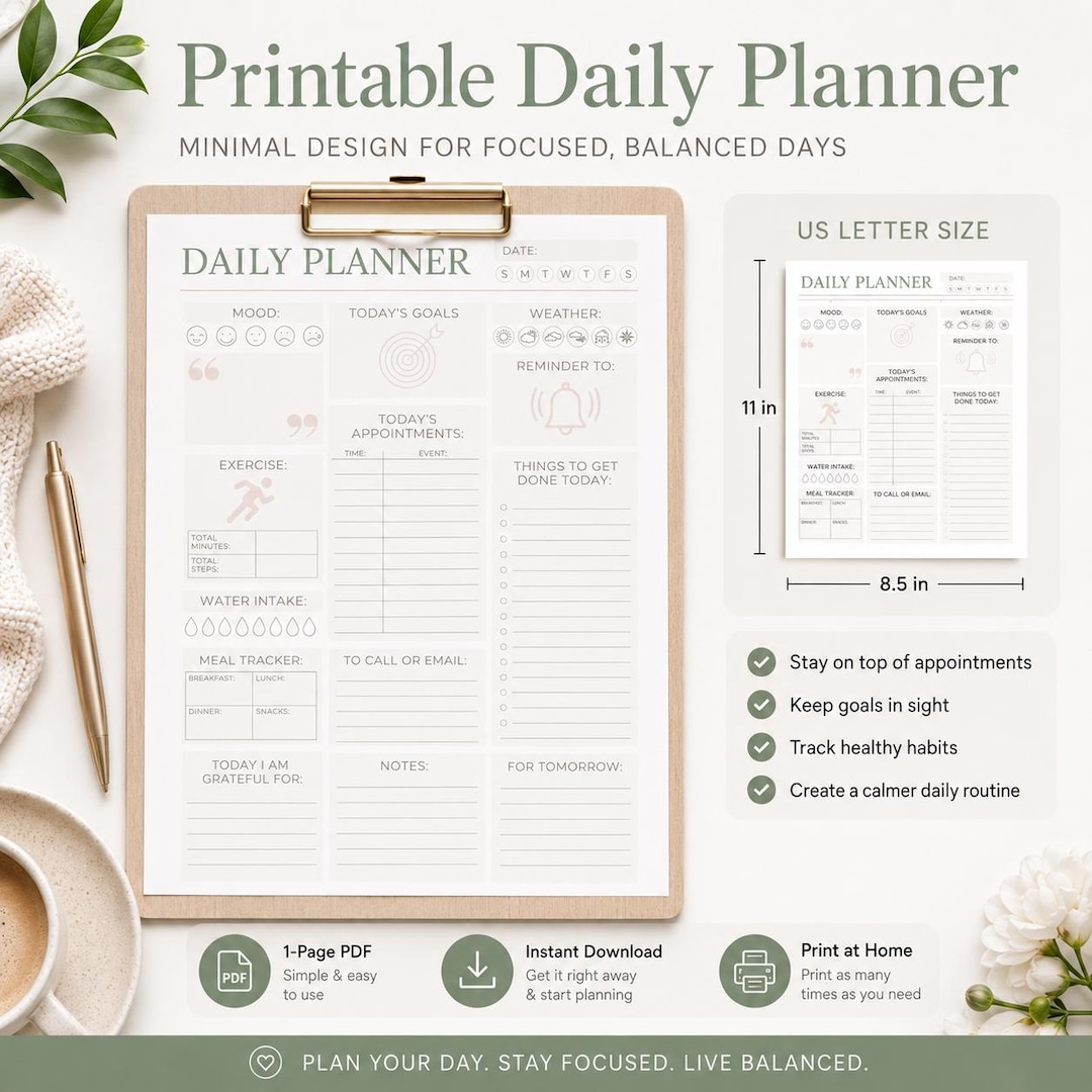 Daily Planner Printable | Minimalist to Do List, Habit Tracker ...
