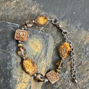 Rustic Brown Yellow Beaded Bracelet Czech Glass, Stainless Steel