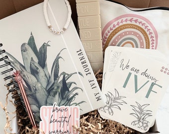Caja de cuidados de FIV: diario, pulsera, tarjetas de hitos, pastillero y más