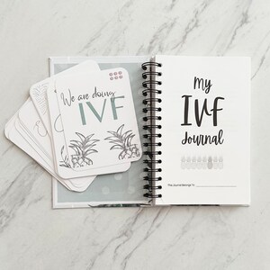 Puede incluir: Un diario blanco con el texto "my IVF journal" y una fila de ilustraciones de pi&ntilde;a. El diario tiene una encuadernaci&oacute;n en espiral negra y una tarjeta blanca con el texto "We are doing IVF" y dos ilustraciones de pi&ntilde;a.