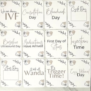 Puede incluir: Un conjunto de diez tarjetas blancas con texto negro e ilustraciones florales. Las tarjetas presentan frases relacionadas con la fertilizaci&oacute;n in vitro (FIV), como "Estamos haciendo FIV", "D&iacute;a de consulta", "D&iacute;a de an&aacute;lisis de sangre", "D&iacute;a del ciclo", "D&iacute;a de ecograf&iacute;a basal", "Los medicamentos han llegado", "Primer d&iacute;a de estimulaci&oacute;n", "Hora de la inyecci&oacute;n", "D&iacute;a de estimulaci&oacute;n", "Una cita con Wanda", "&iexcl;Es hora del gatillo!" y "D&iacute;a de la recuperaci&oacute;n de &oacute;vulos".