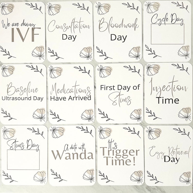 Puede incluir: Un conjunto de diez tarjetas blancas con texto negro e ilustraciones florales. Las tarjetas presentan frases relacionadas con la fertilizaci&oacute;n in vitro (FIV), como "Estamos haciendo FIV", "D&iacute;a de consulta", "D&iacute;a de an&aacute;lisis de sangre", "D&iacute;a del ciclo", "D&iacute;a de ecograf&iacute;a basal", "Los medicamentos han llegado", "Primer d&iacute;a de estimulaci&oacute;n", "Hora de la inyecci&oacute;n", "D&iacute;a de estimulaci&oacute;n", "Una cita con Wanda", "&iexcl;Es hora del gatillo!" y "D&iacute;a de la recuperaci&oacute;n de &oacute;vulos".