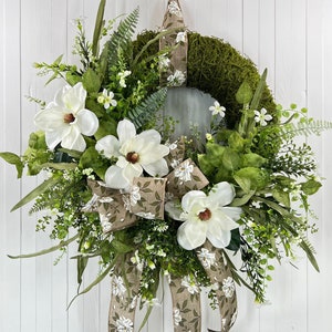 Large Moss Wreath with White Magnolias  for Front Door or Home, Stunning Every Day Floral Wreath, Gift for Mom, Ready to Ship!