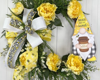 Yellow Peony Grapevine Wreath with Gnome and Bees, Spring Summer Bee Floral Door Decor, Gift for Her, Bee Gnome Lover Gift, Ships for FREE!