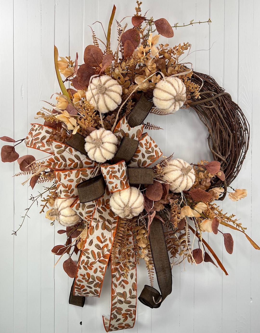 Neutral Pumpkin Wreath for Front Door, Rustic Fall Door Hanger, Autumn ...
