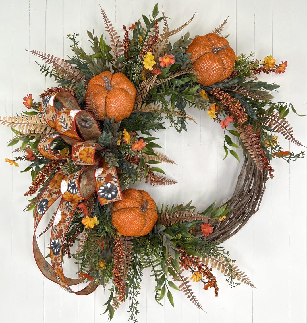 Fall Pumpkin Grapevine Wreath for Front Door, Neutral Rustic ...