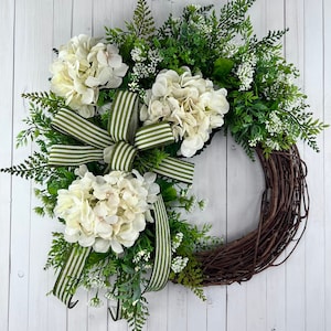 Grapevine Wreath With White Hydrangea for Front Door, Neutral Every Day Floral Door Decor, Gift for Mom, Ships for FREE!