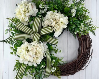 Grapevine Wreath With Large Creamy White Hydrangea for Front Door, Neutral Every Day Floral Door Decor, Gift for Mom, Ready to SHIP!