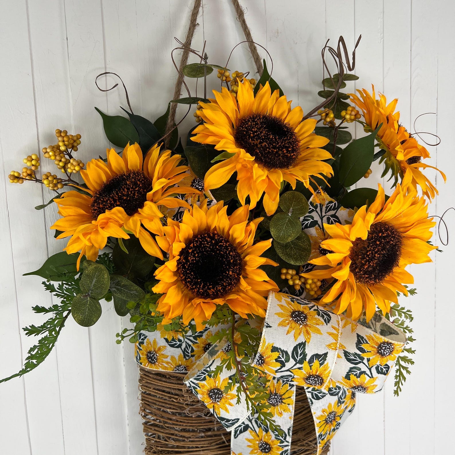 Sunflower Hanging Basket for Front Door | Summer Fall Floral Home Decor ...