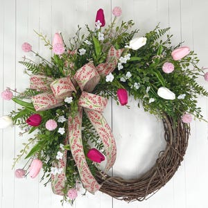 Spring Tulip Wreath for Front Door | Romantic Floral Door Decor | Rustic Cottage Style Door Hanger | Bridal Baby Girl Shower Decor