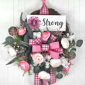 Breast Cancer Awareness Wreath | Floral Grapevine for Front Door | Pink Ribbon Cancer Patient Survivor “Strong” Gift | Every Day Door Hanger
