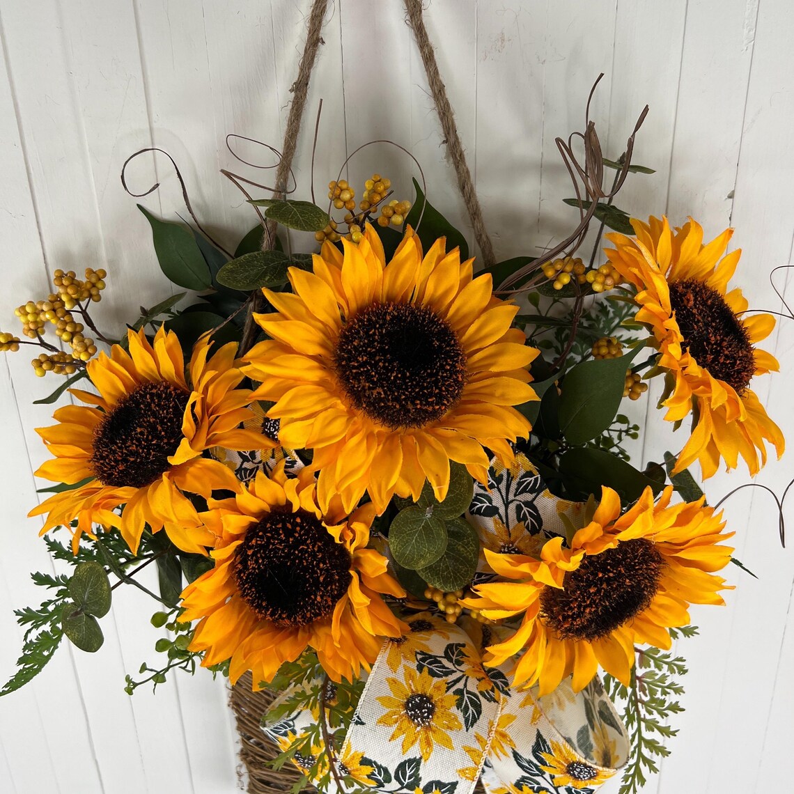 Sunflower Hanging Basket for Front Door | Summer Fall Floral Home Decor ...