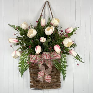 Spring Tulip Hanging Basket For Front Door | Real Touch Tulip Wall Decor | Easter Floral Door Decor | Rustic Pink & White Tulip Arrangement