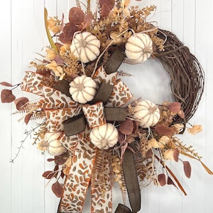 Fall Pumpkin Wreath for Front Door | Autumn Grapevine Door Decor | Rustic Farmhouse Fall Home Decor | Neutral Thanksgiving Door Hanger