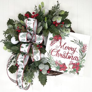 Evergreen & Holly Christmas Wreath for Front Door | Traditional Holiday Home Decor | Rustic Greenery / Berry Door Decor | Winter Door Hanger