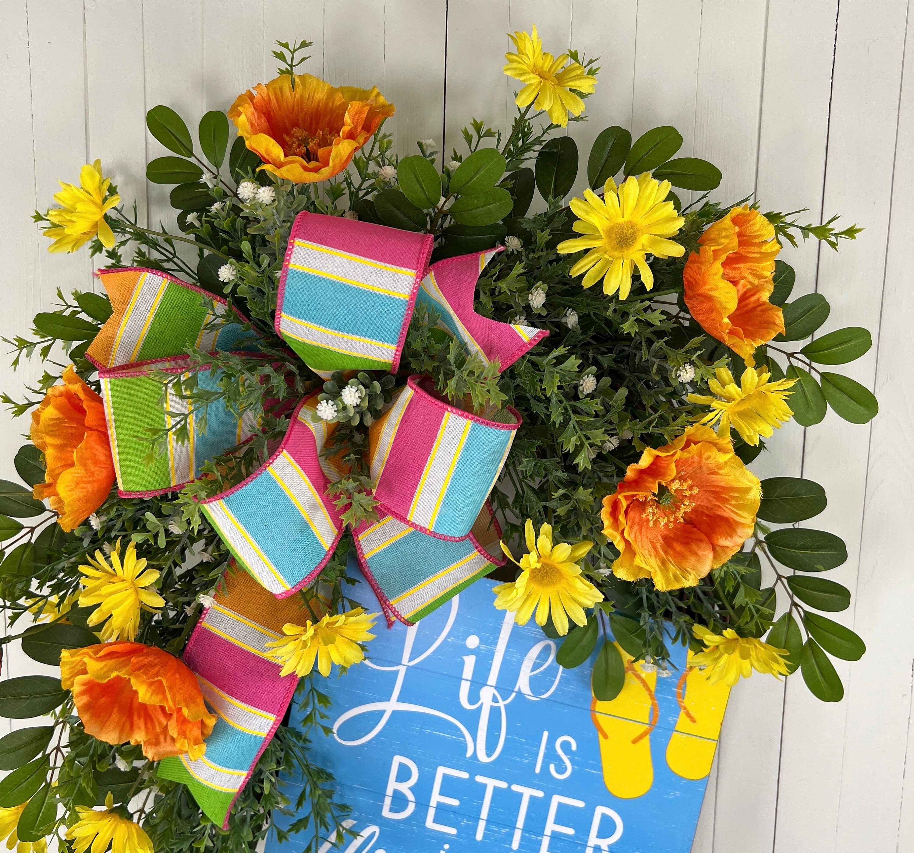 Summer Coastal Wreath for Front Door | Floral Flip Flop Grapevine Home ...