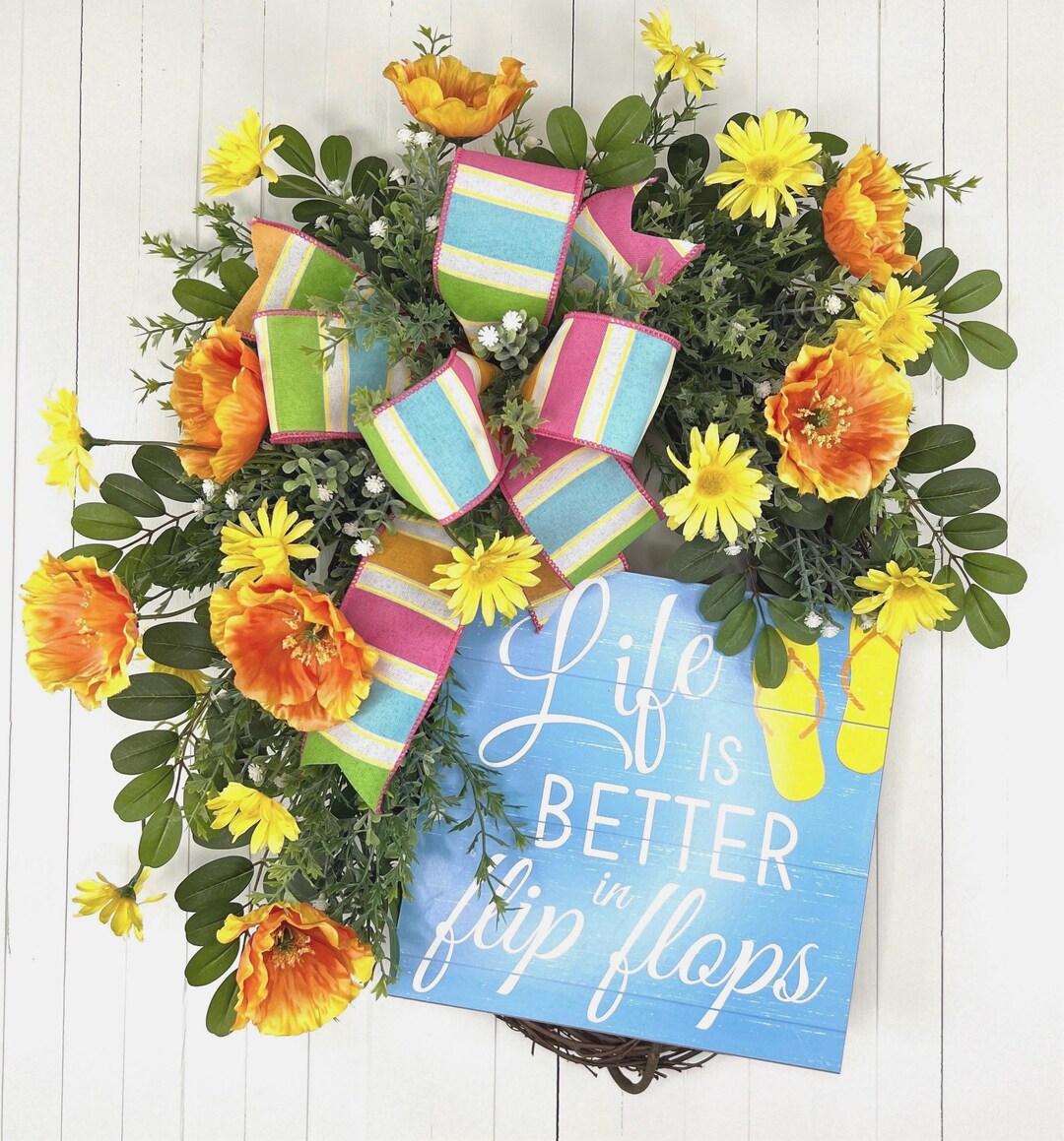 Summer Coastal Wreath for Front Door | Floral Flip Flop Grapevine Home ...
