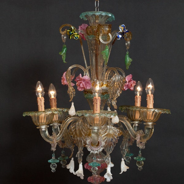 Murano Glass Chandelier - Antiqued - Amber Crystal - Chrome Frame Not active