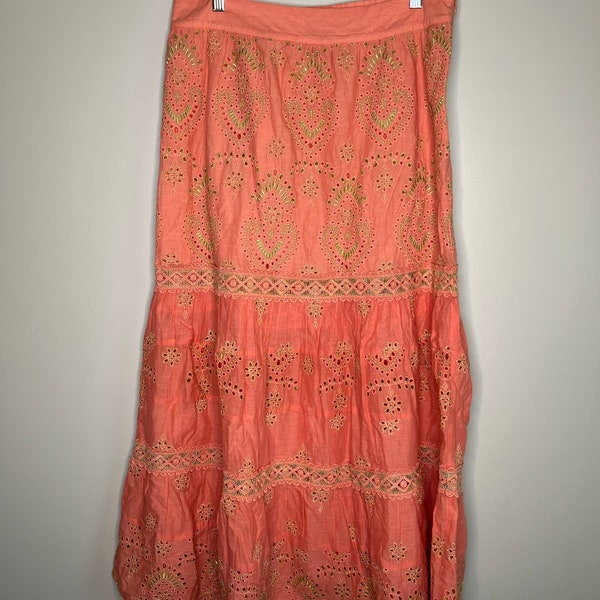 Boston Proper Coral Orange Boho Coastal Metallic Embroidered Eyelet Maxi Skirt M