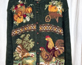 Vintage 1999 Heirloom Collectibles Chickens Homestead Pumpkins Fall Cardigan M