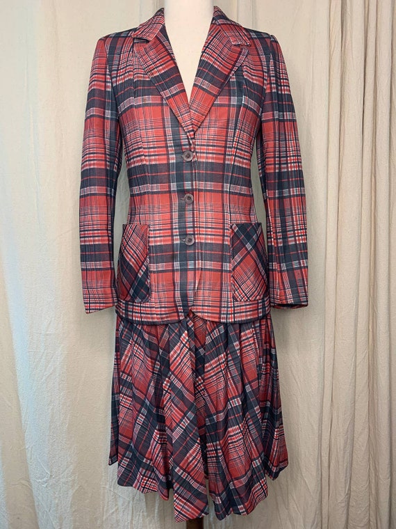 Vintage 1970s Christmas Red Plaid Tartan Disco Sec