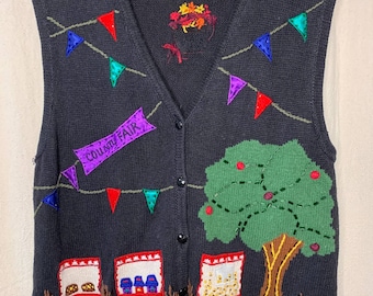 vintage années 1990 Bobbie Brooks Country Fair Carnival Teacher Grand-mère Sweater Vest L
