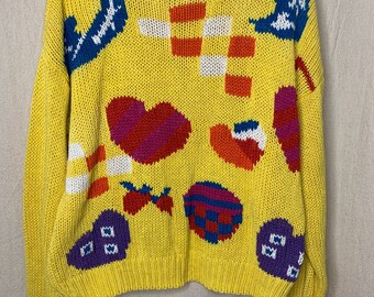 Vintage 1980s Pinwheels Heart Neon Geometric Novelty Teacher Graphic Sweater S