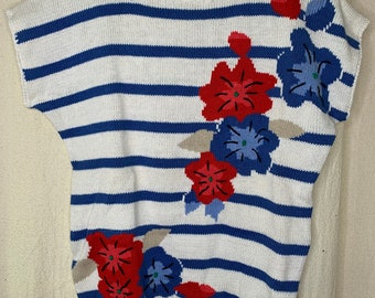 Vintage 1980s Koret Floral Nautical Americana Stripe Patriotic Granny Sweater S