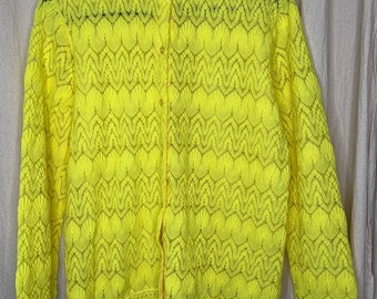 vintage années 1960 Miss Holly Neon Yellow Pointelle Lace Preppy Cottage Cardigan L