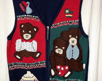 Vintage 1990er Jahre Kapazität Teddybären Weihnachten Oma Lehrer Zip Pullover Weste L