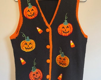 Edizioni base vintage anni '90 Zucca di Halloween Insegnante Nonna Maglione Gilet S