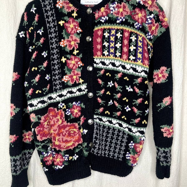 Vintage 1980s Northern Isles Portraits Floral Roses Granny Patchwork Cardigan S