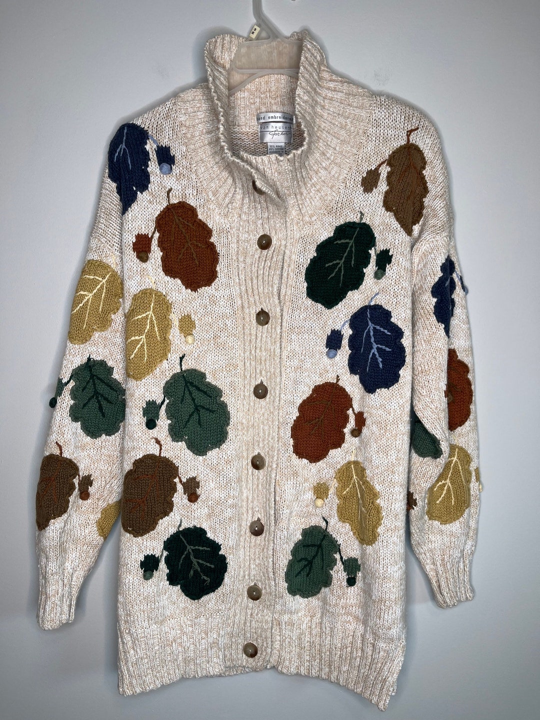 Vintage 1980s Van Heusen Fall Leaves Harvest Teacher Cowl Neck 