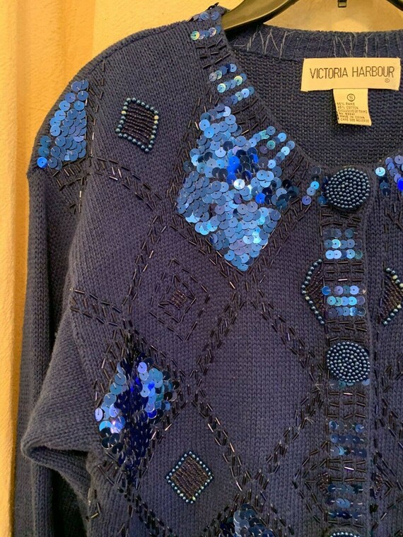 Vintage 1980s Victoria Harbour Blue Sequin Glam G… - image 3