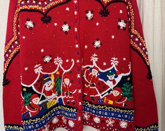 Vintage 1990s Studio HoHoHo Christmas Santa Snowman Holiday Festive Cardigan M