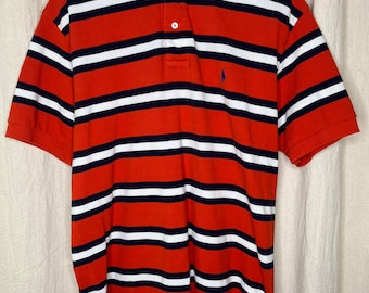 Vintage 2000s Polo Ralph Lauren Bright Orange Blue Thick Stripe Polo Shirt L