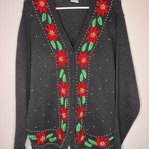 1990年代 ビクトリア・ジョーンズ ポインセチア ゴールド レッド グリーン 花柄 クリスマスカーディガン L