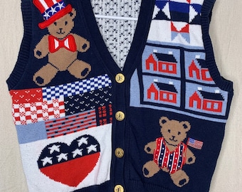 Vintage 1990s Sweater Loft Patriotic Teddy Bear Granny Teacher Sweater Vest M