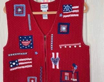 Vintage 1990s Koret City Blue Patriotic Americana Granny Teacher Sweater Vest M