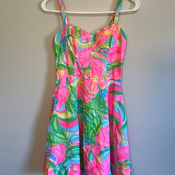 Lilly Pulitzer Neon Maximalist Tropical Floral Fit Flare Lined Willow Dress 00