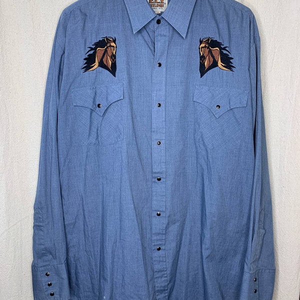 Vintage 1970s Ely Cattleman Horse Rodeo Western Denim Cowboy Pearl Snap Shirt XL