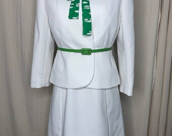 Vintage 1960s White Green Floral Professional Mod Hostess Dress Jacket Set Large