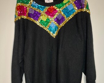 Vintage 1991 SML Sport Sequin Diamond Glam Rainbow Maximalist Party Sweater M