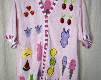 Vintage 1990s Quacker Factory Rainbow Granny Summer Novelty Kidcore Cardigan L