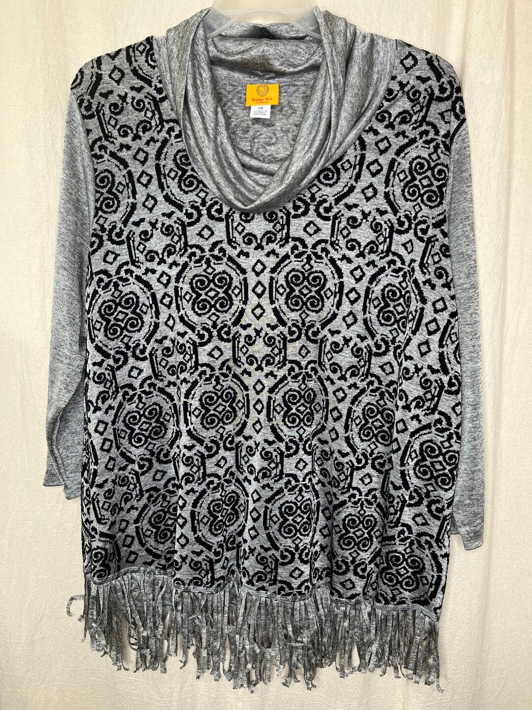 Ruby Rd. Burnout Velvet Silver Black Tassel Fringe Hem Cowl Neck ...