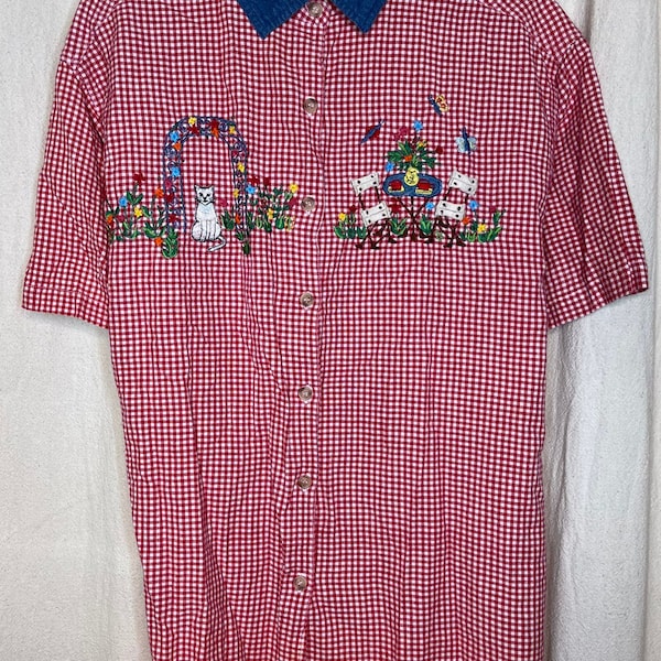 Vintage 1990s VJ Woman Gingham Cats Cottage Denim Granny Short Sleeve Shirt 22W