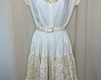 Vintage 1950s Bettina of Miami Rockabilly Lace Gold White Glam Hostess Dress S