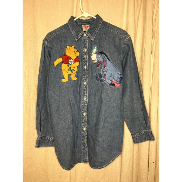 NWOT Vintage 1990s Disney Store Winnie Pooh Egor Embroidered Thick Denim Shirt M