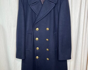 Vintage 1950s Fox Knapp Navy Heavy Wool Gold Button Military Trench Coat 42