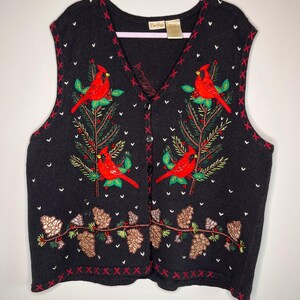 1990er Jahre Bobbie Brooks Christmas Cardinal Woodland Pinecones Fichte Pullover Weste 2X